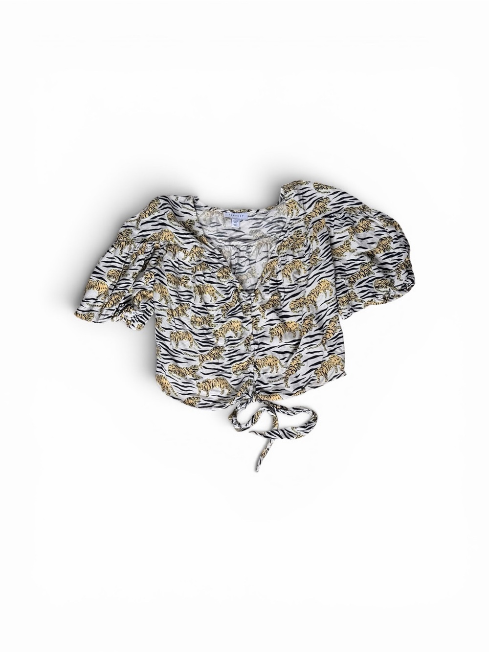 Topshop Tiger Print Puff Sleeve Tie-Front Top - Size US 8